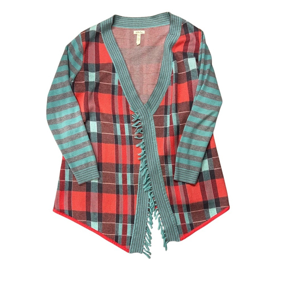 Matilda Jane Steadfast Cardigan Women’s Medium‎ Coral Aqua Open Front Fringe